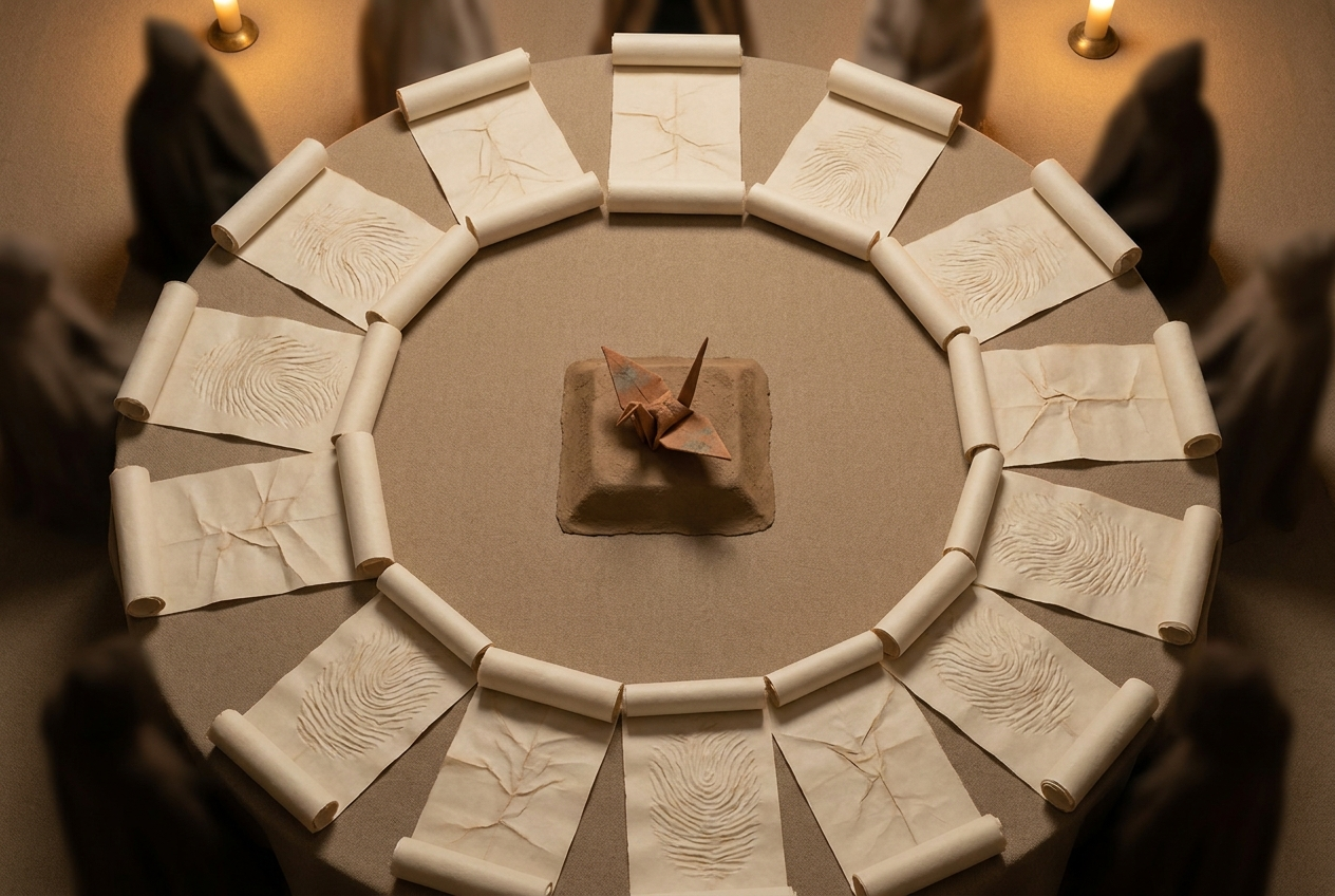 Folded paper pieces arranged in a circle around a central origami crane