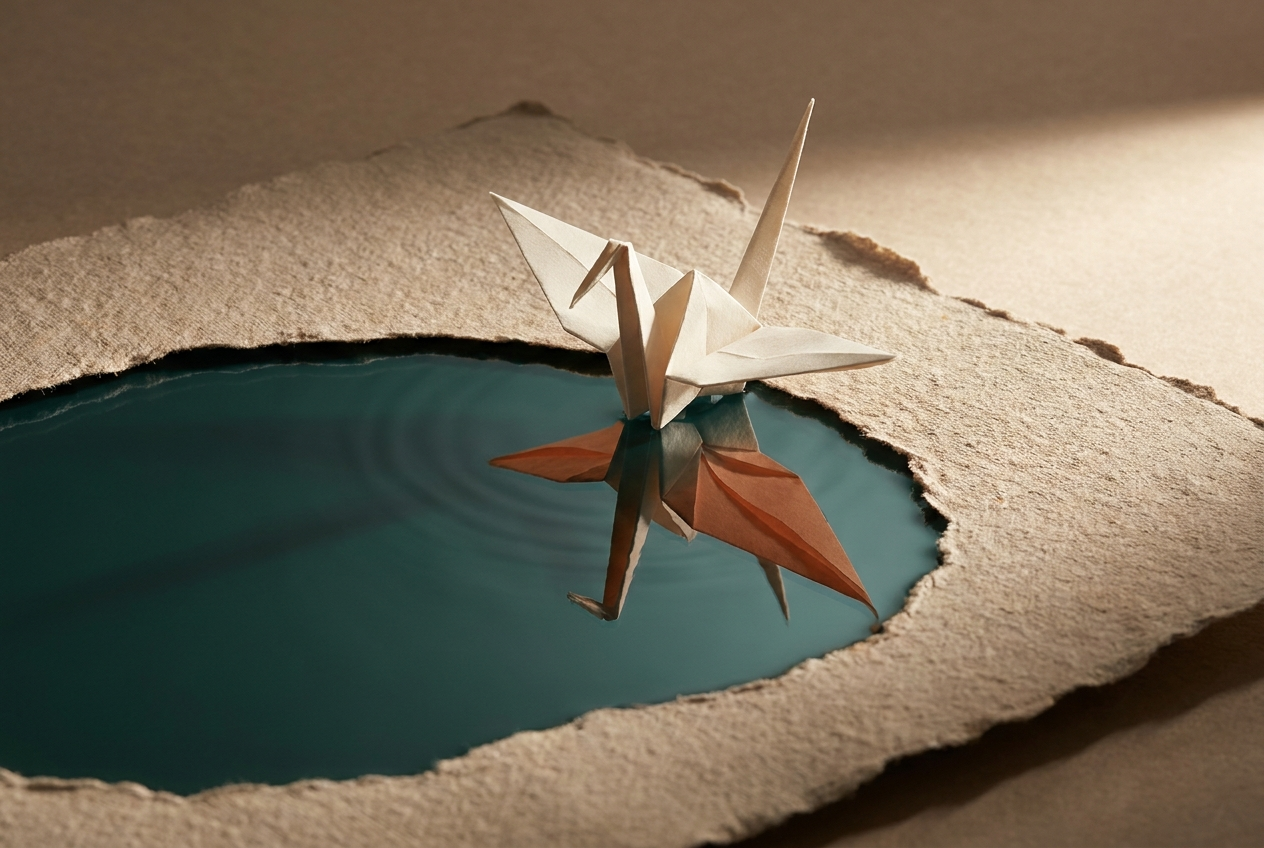 White and terracotta origami cranes gathered on a teal paper pond