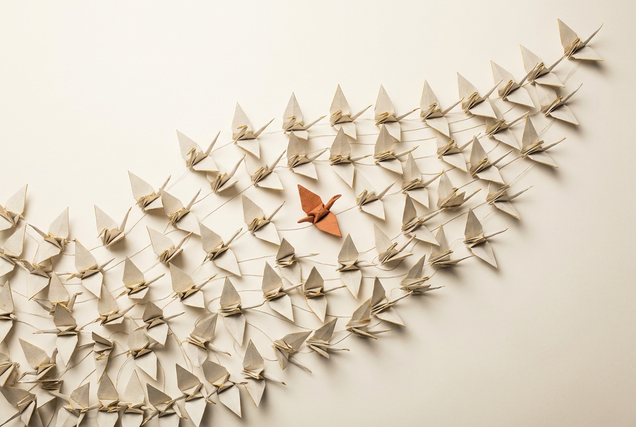 An overhead composition of hundreds of bone-white origami paper cranes