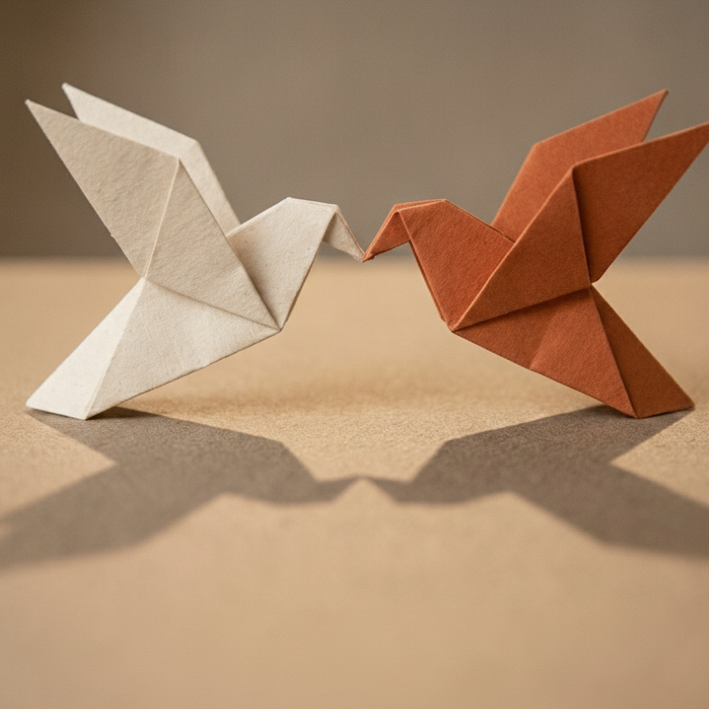 A white and a terracotta origami dove facing each other